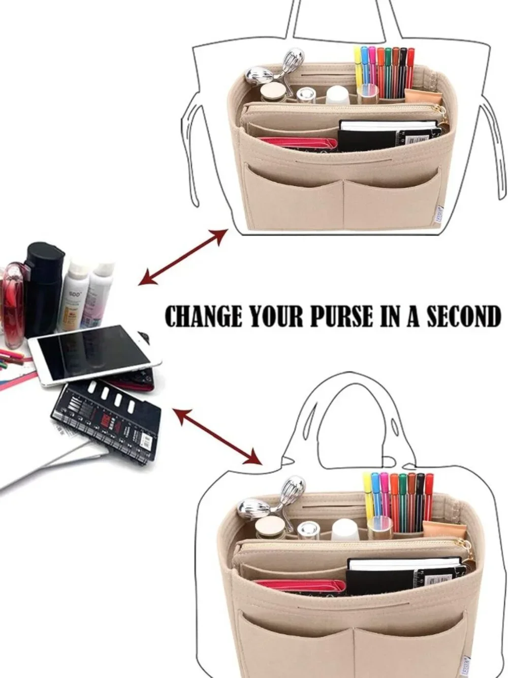 Felt Purse Organizer Insert - Tote Bag Shaper with 5 Dividers for Easy Storage
